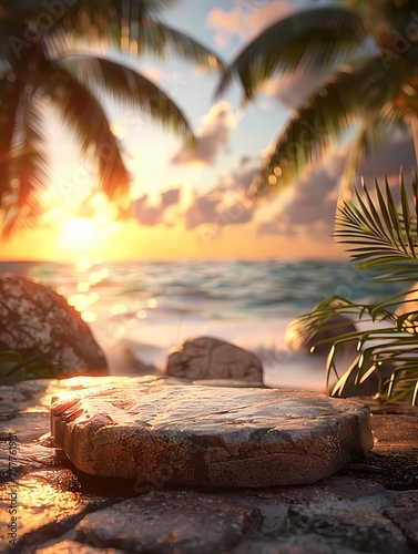 Empty stone podium mockup set against sunset ocean beach scene with coconut tree, For product display scene creative design scene for commercial product display