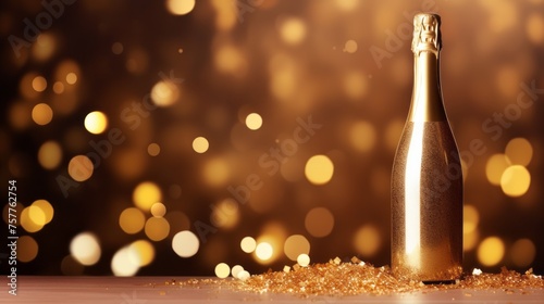 A golden bottle of champagne with confetti on a festive background with bokeh, copy space. The concept of Christmas, Holiday, Birthday, Wedding.