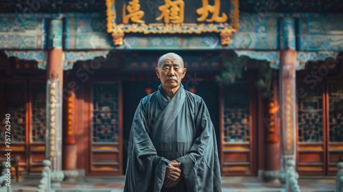 Old Buddhist monk man in Kasaya robe. Buddhism religion. Senior person pray in temple. Calm and peace. Asian spiritual life. Asia culture harmony. Male monastery. photo