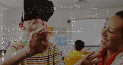 Image of mathematical equations over schoolchildren using vr headsets