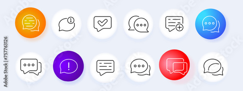 Chat icon set. Dialogue bubble, message, emoji, checkmark, verification, correspondence, social network. Neomorphism style. Vector line icon for business and advertising