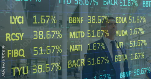 Image of stock market over business people in office
