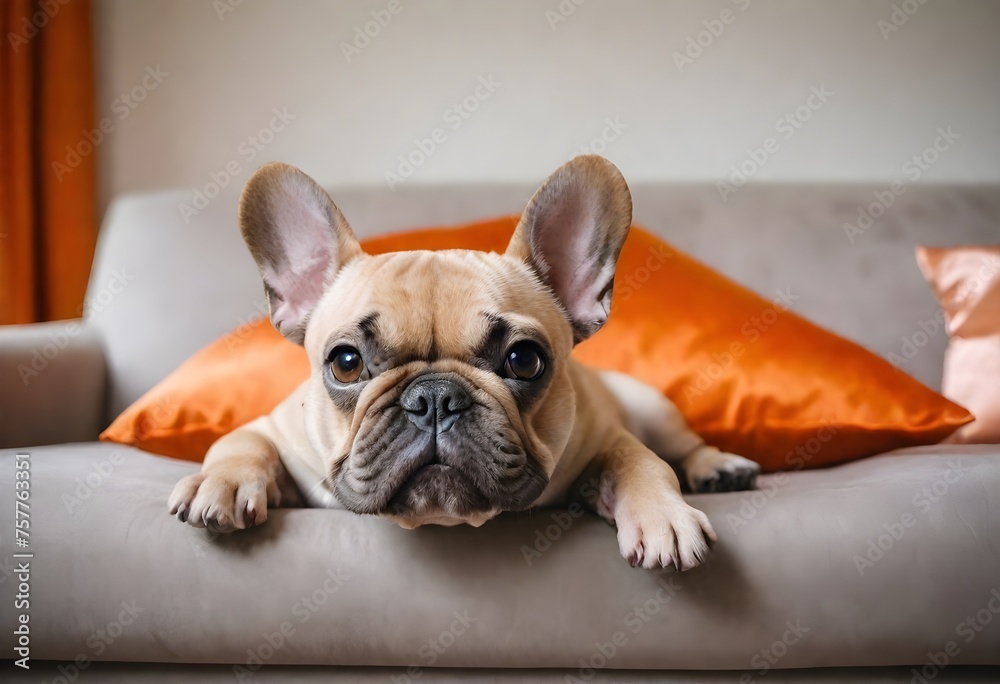 Illustration of a fawn French Bulldog lying, on a cushion in the background.