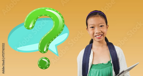Image of green question mark over speech bubble and asian schoolgirl