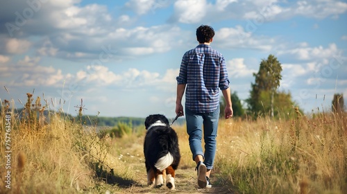 young man walking with Bernese Mountain Dog on the summer field 