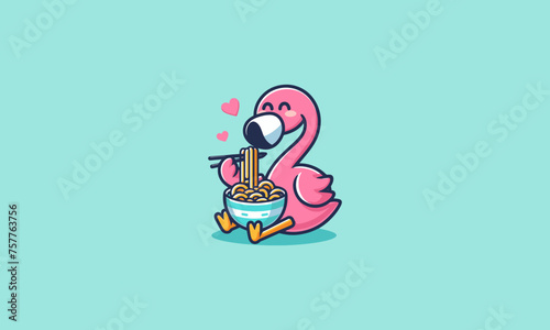 flamingo cute eat noodle vector illustration logo design