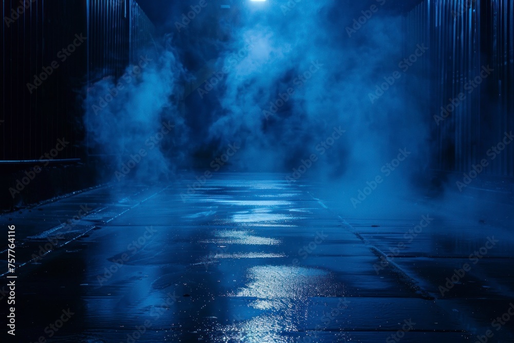 Dark street, wet asphalt, reflections of rays in the water. Abstract dark blue background, smoke, smog. Empty dark scene, neon light, spotlights. Concrete floor - generative ai