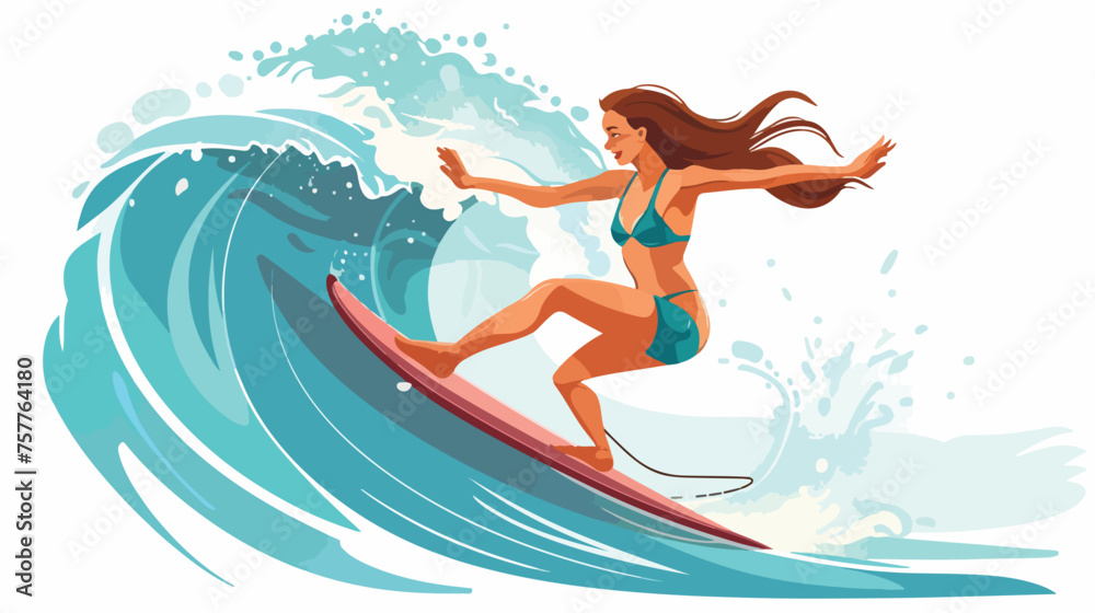 Surfing sport summer vacation concept. Young happy - obrazy, fototapety, plakaty 