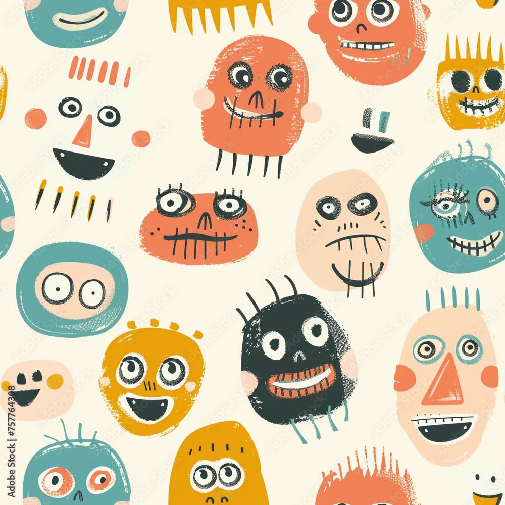 Seamless pattern with a variety of cheerful and colorful cartoon faces on an off-white background
