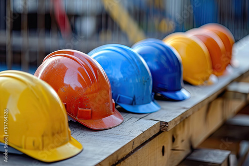 Safety helmets lying on the wooden plank at a constriction site