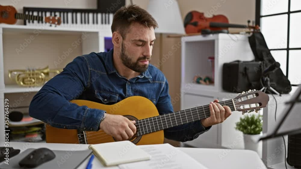 Young hispanic man musician composing song playing classical guitar at music studio