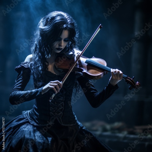 a gothic woman immerse the audience in a spellbinding fiddle musical performance, creating a visually striking and emotional experience 