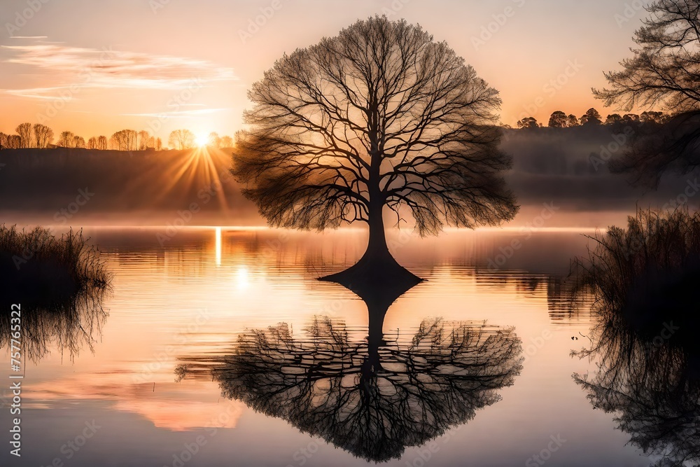 At sunset, the silhouette of a single tree on the water's surface creates a heart-shaped reflection on a tranquil lake. At sunset, the silhouette of a single tree on the water's surface creates a heart-shaped reflection on a tranquil lake.