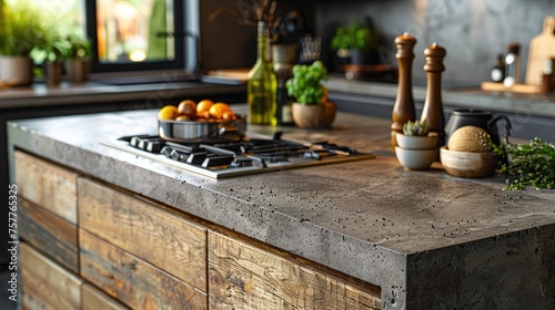 Kitchen benchtop detail. concrete benchtop and timber drawers photo