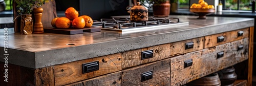 Kitchen benchtop detail. concrete benchtop and timber drawers