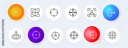 Sight icon set. Target, front sight, sniper, aim, optics, gun, shot, shooting, trigger, butt, bullet, rifle, pistol. Neomorphism style. Vector line icon for business and advertising