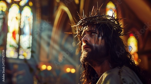 Jesus with crown of thorns in church