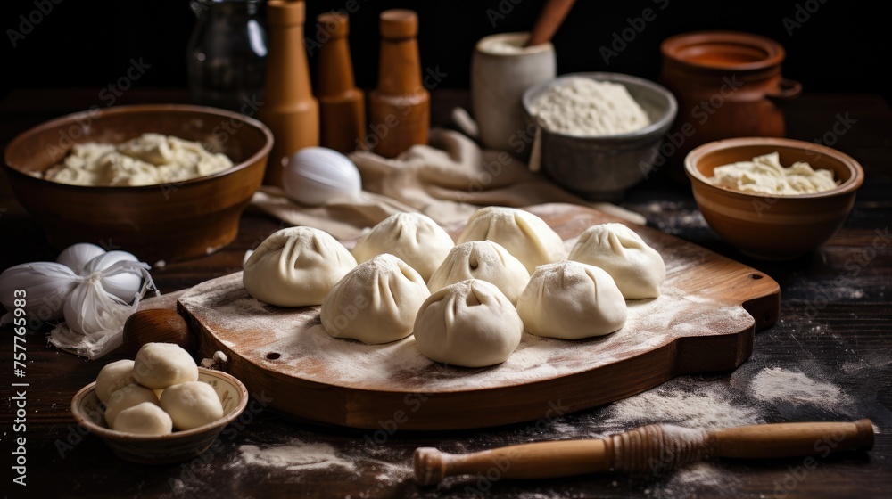 Raw dough and flour on the kitchen table. Cooking dumplings, dumplings, manta rays. Home cooking. Raw dough and flour on the kitchen table. Cooking dumplings, dumplings, manta rays. Home cooking.