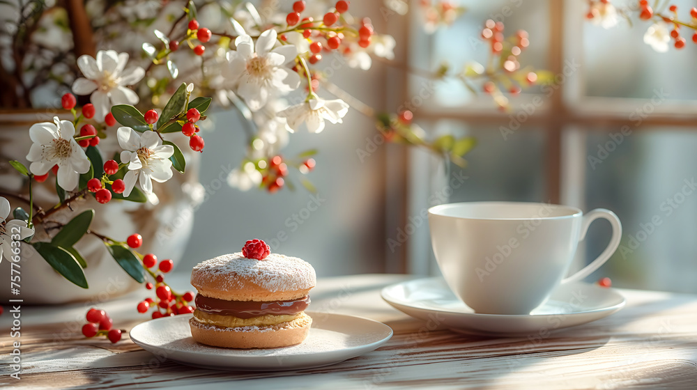 Fototapeta premium Cup of coffee and cake on the windowsill with spring flowers