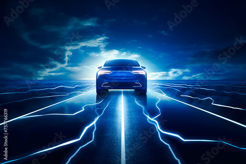 EV car with electricity line sparkling on dark blue background.