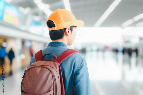 The back of teenage boy wearing yellow cap with backpack in terminal, traveling concept.