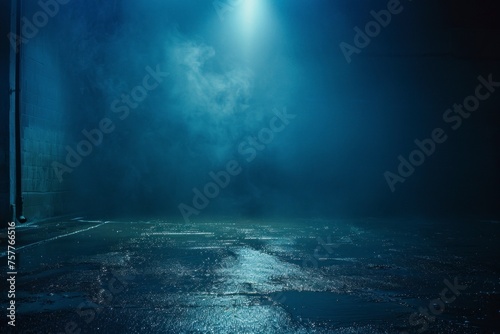 Dark street, wet asphalt, reflections of rays in the water. Abstract dark blue background, smoke, smog. Empty dark scene, neon light, spotlights. Concrete floor - generative ai © Nia™