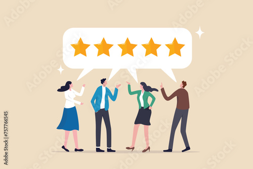 Customer loyalty, consumer satisfaction giving 5 stars rating feedback, best user experience or trust to use service again concept, various customer people giving 5 stars review for quality service.
