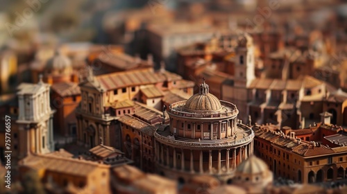 Tilt-shift photography of the Rome. Top view of the city in postcard style. Miniature houses, streets and buildings