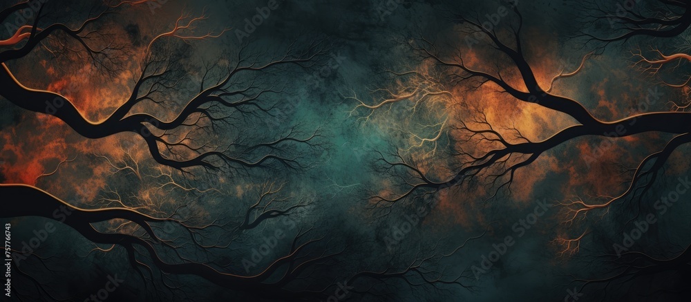 A natural landscape of a dark forest with leafless trees and a distant fire glowing in the midnight sky, creating an eerie yet artistic scene - obrazy, fototapety, plakaty 