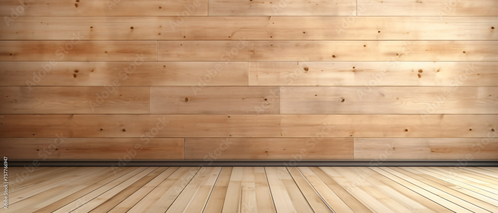 Front view of a blank wall in a room with wooden plank