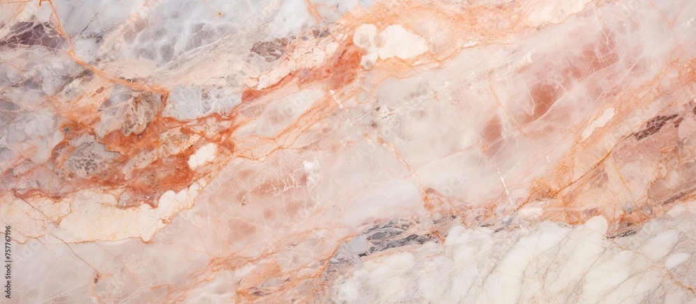 A detailed shot showcasing the intricate pink and white marble texture, resembling the colors of peach and fur, perfect for flooring or rockinspired dishware