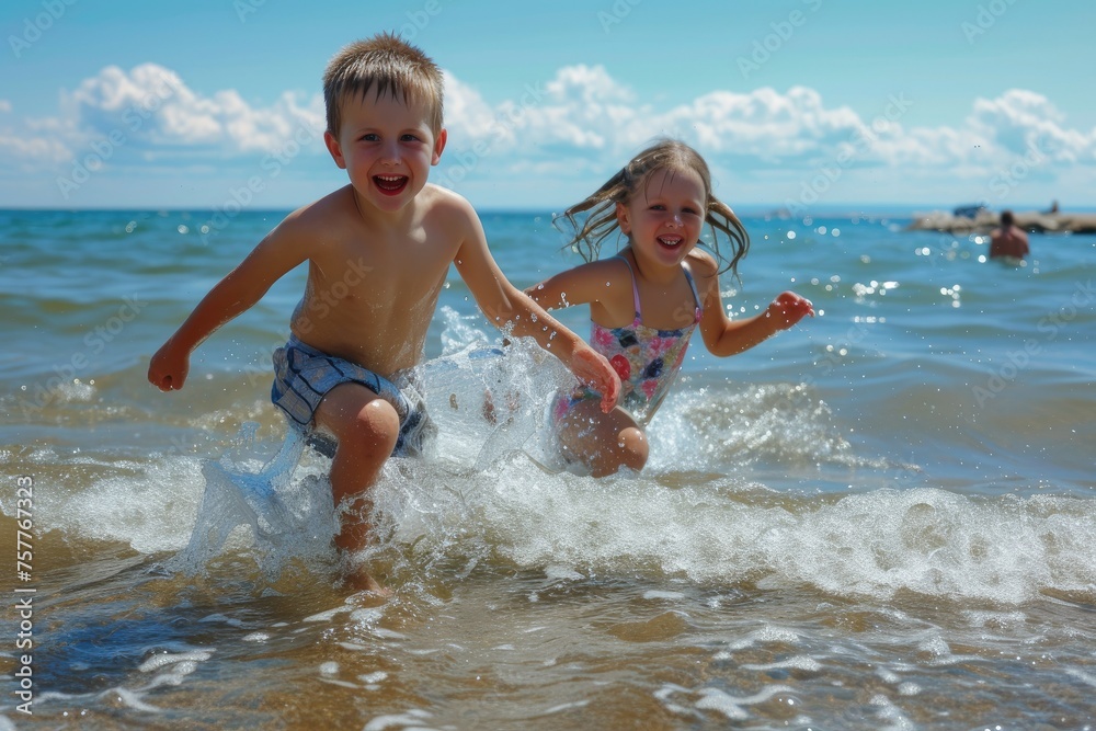 Two children are playing in the ocean, one in a bikini Two children are playing in the ocean, one in a bikini
