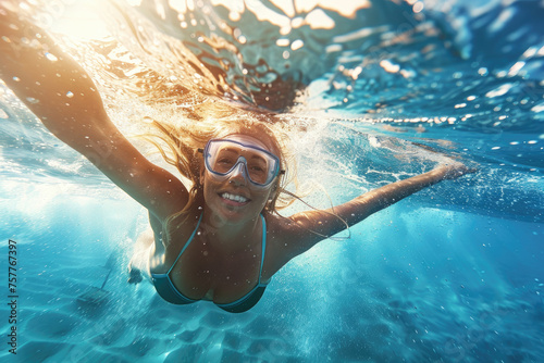 Young woman in bikini, surfer with surf board dive underwater with fun under big ocean wave