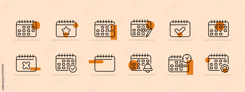 Calendar icon set. Tick, cross, important day, holiday, weekend, reminder. Pastel color background. Vector line icon for business and advertising