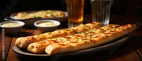 Garlic butter breadsticks with soda and pizza in background © Gefer