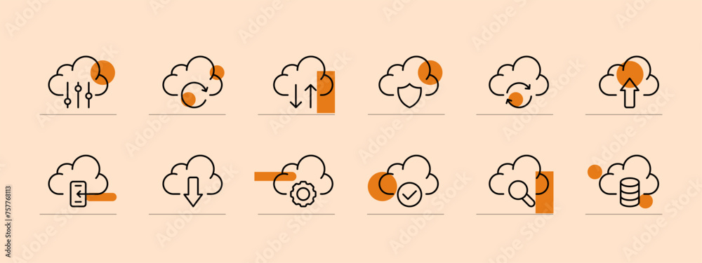 Fototapeta premium Cloud saving icon set. Transfer, data, sending, storage, information, smartphone. Pastel color background. Vector line icon for business and advertising