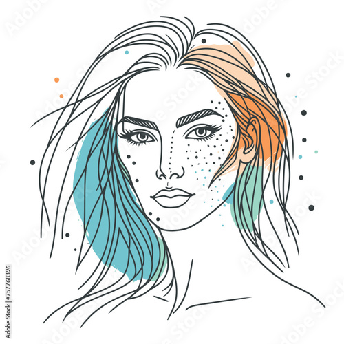 Woman face line art. Female portrait contour with colored spots. Isolated on white background. VECTOR