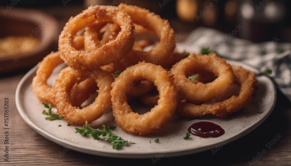 Top view delicious fried onion rings and sauce Top view delicious fried onion rings and sauce