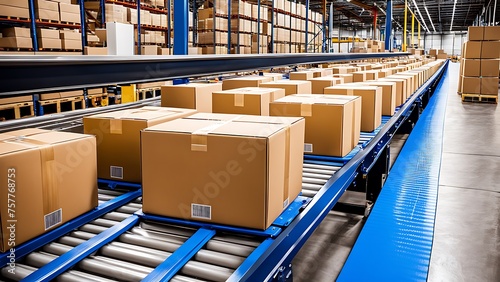 Cardboard boxes on conveyor belts in a modern warehouse, illustrating efficient distribution in logistics.