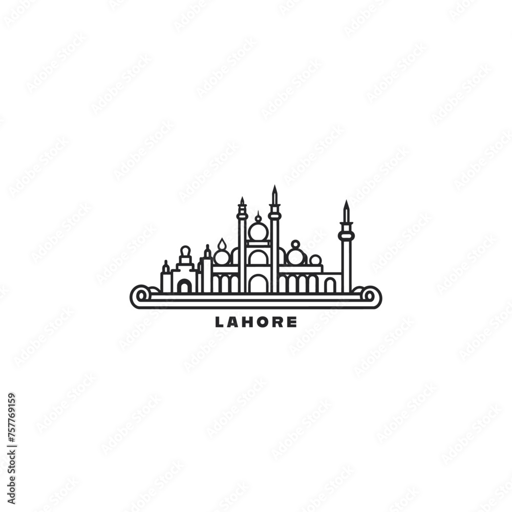 Lahore cityscape skyline city panorama vector flat modern logo icon. Pakistan, Punjab megapolis emblem idea with landmarks and building silhouettes. Isolated graphic	