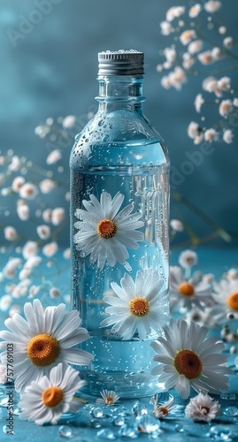Tranquil backdrop showcases eco-friendly ethos with glass bottle, water, and daisies evoking sustainability
