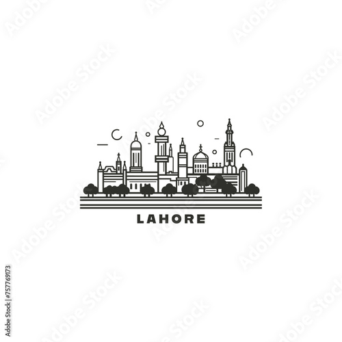 Lahore cityscape skyline city panorama vector flat modern logo icon. Pakistan, Punjab megapolis emblem idea with landmarks and building silhouettes. Isolated graphic	