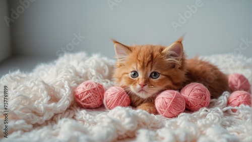 Happy sleepy tabby fluffy Persian cat plays with beautiful balls, skeins of thread. The kitten looks at the camera.