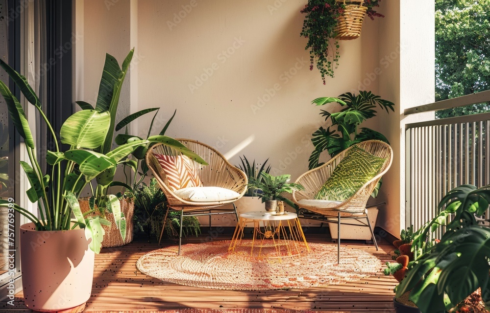 Obraz premium Cozy Bohemian Balcony with Wicker Chairs and Lush Green Plants