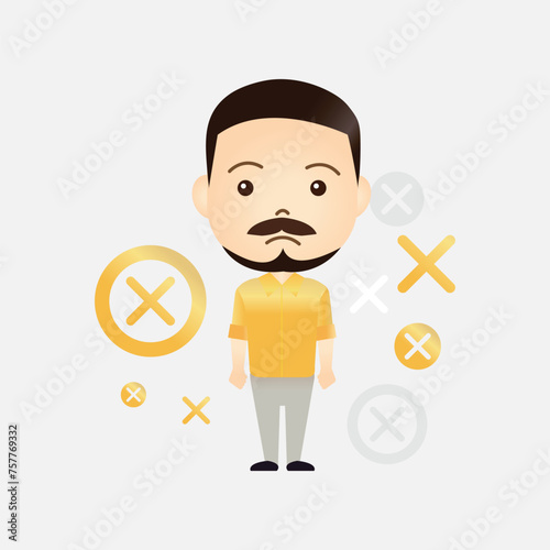 Cute Muslim cartoon man with x or wrong symbol on isolated background

