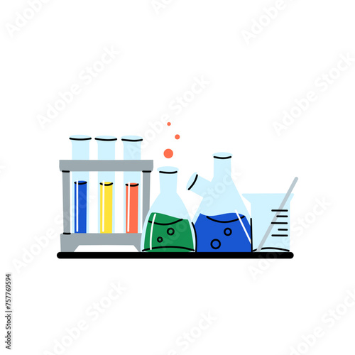 Laboratory equipment. Lab glassware. Chemical reagents in glass bottles and rest tubes and flasks. Medical scientific research tools. Doodle drawing. Vector cartoon flat isolated illustration