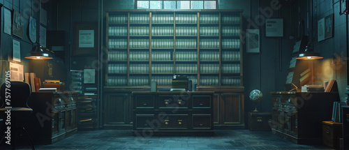 3D rendering of a file cabinet in a dimly lit archive room photo