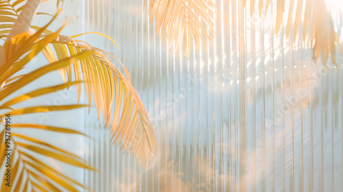 Clear reeded shower screen of Fluted Glass with tropical leaves in the background. Fluted Interior .