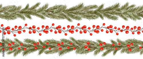 Set of watercolor Christmas borders garlands, decorated red holly berry, fir tree branch