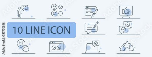 Chat icon set. Dialogue bubble, message, emoji, checkmark, verification, correspondence, social network. 10 line icon style. Vector line icon for business and advertising